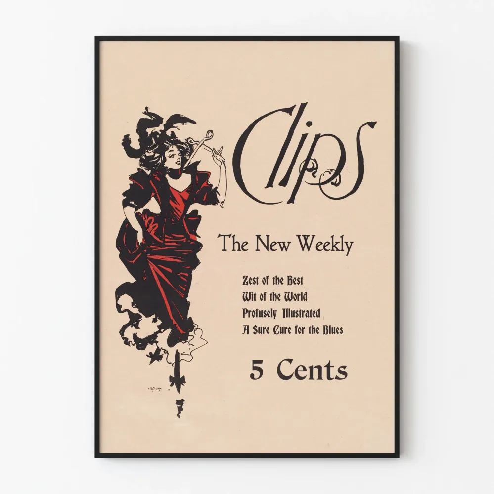 Plakat vintage 'Clips New Weekly' z elegancką kobietą w czerwieni