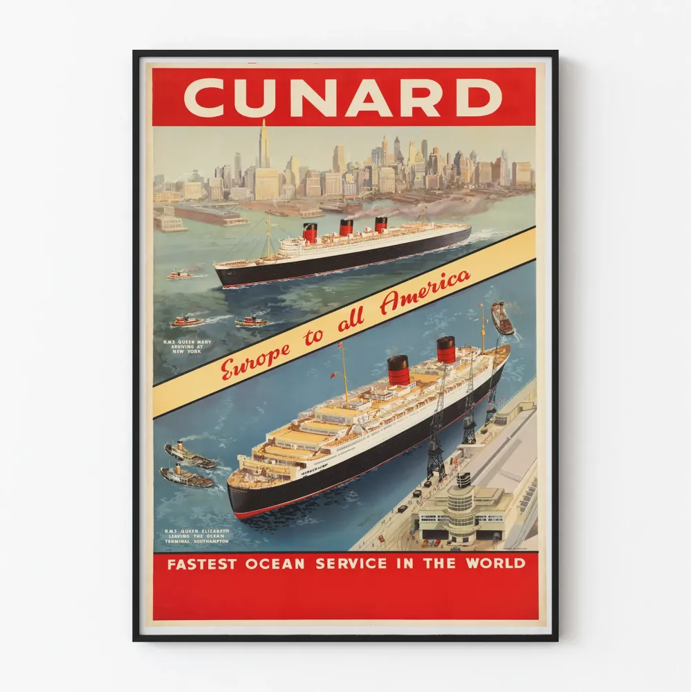 Plakat vintage Cunard Transatlantyckie Linie Queen Mary i Queen Elizabeth
