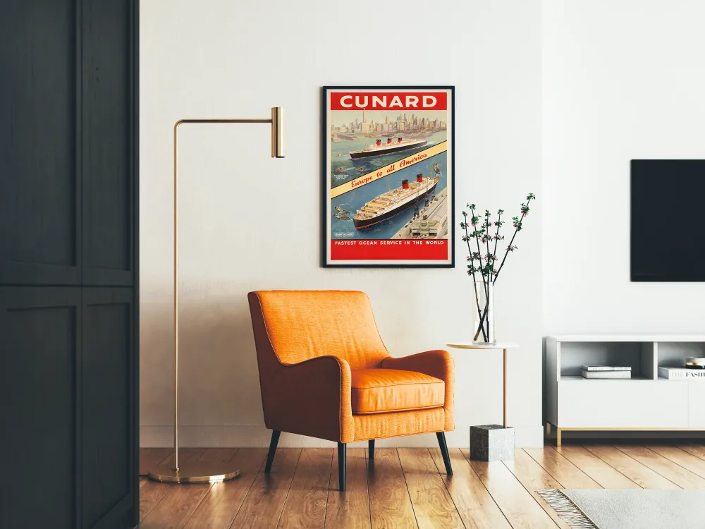 Plakat vintage Cunard Transatlantyckie Linie Queen Mary i Queen Elizabeth