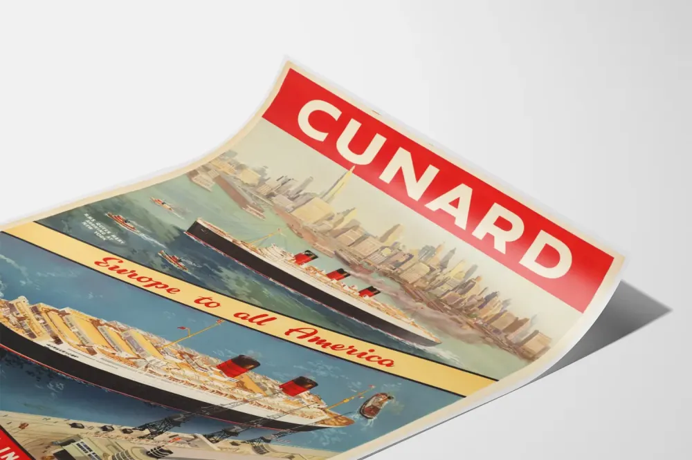 Plakat vintage Cunard Transatlantyckie Linie Queen Mary i Queen Elizabeth