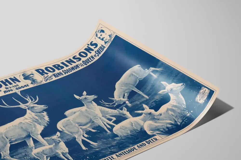 Plakat vintage Cyrk Johna Robinsona z trupą białych antylop i jeleni