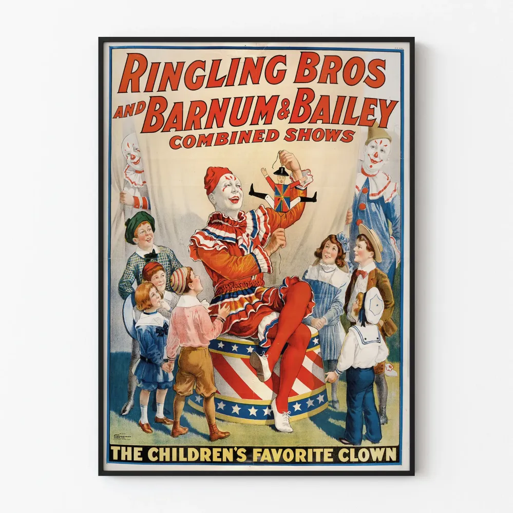 Plakat vintage Cyrk Ringling Bros i Barnum & Bailey z clownem i dziećmi