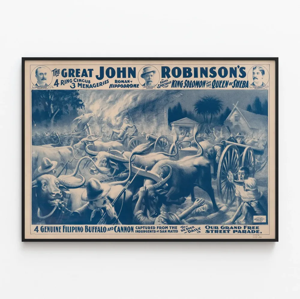 Plakat vintage cyrkowy Great John Robinson's Buffalo Philippins i armata