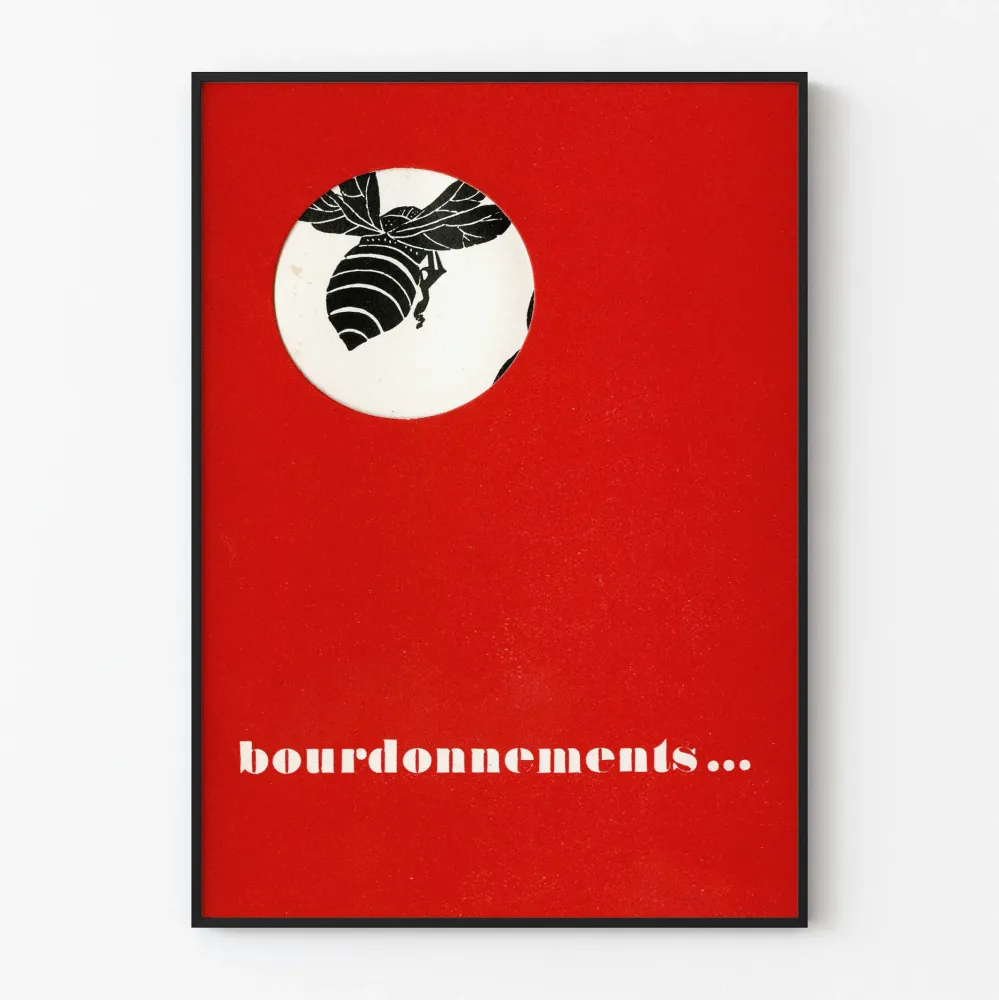 Plakat vintage czerwony z sylwetką pszczoły - brzęczenie
