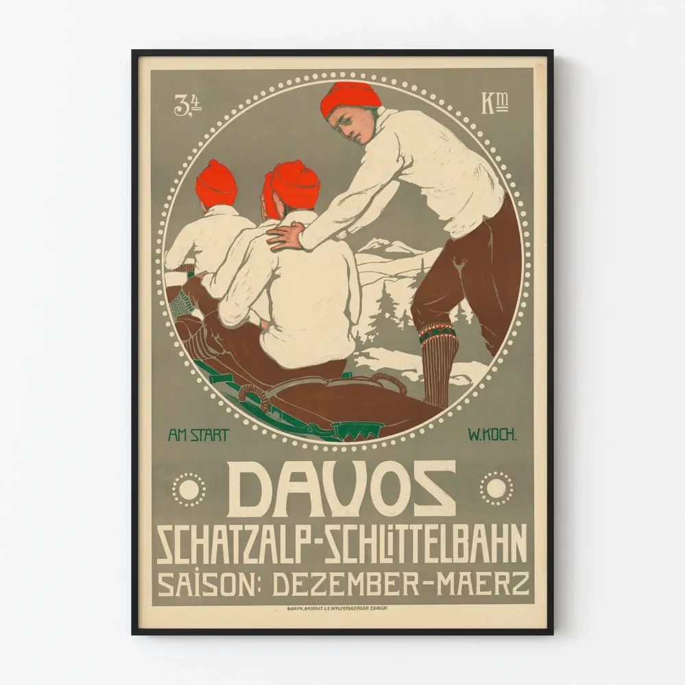 Plakat vintage Davos Schatzalp Schlittelbahn zima