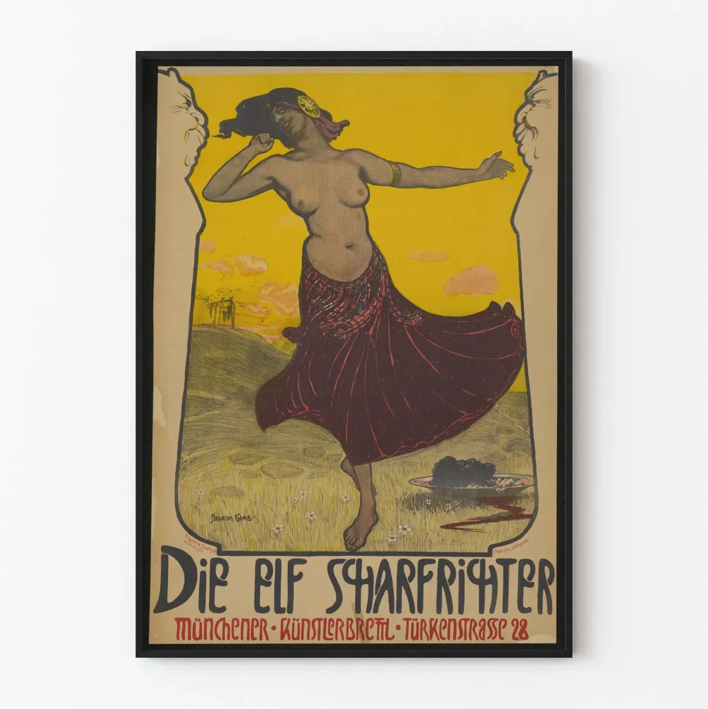 Plakat vintage Die Elf Scharfrichter z tancerką i kontrastem żółtym