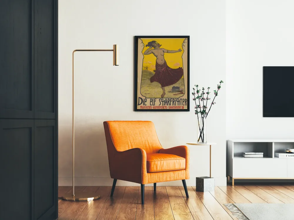 Plakat vintage Die Elf Scharfrichter z tancerką i kontrastem żółtym