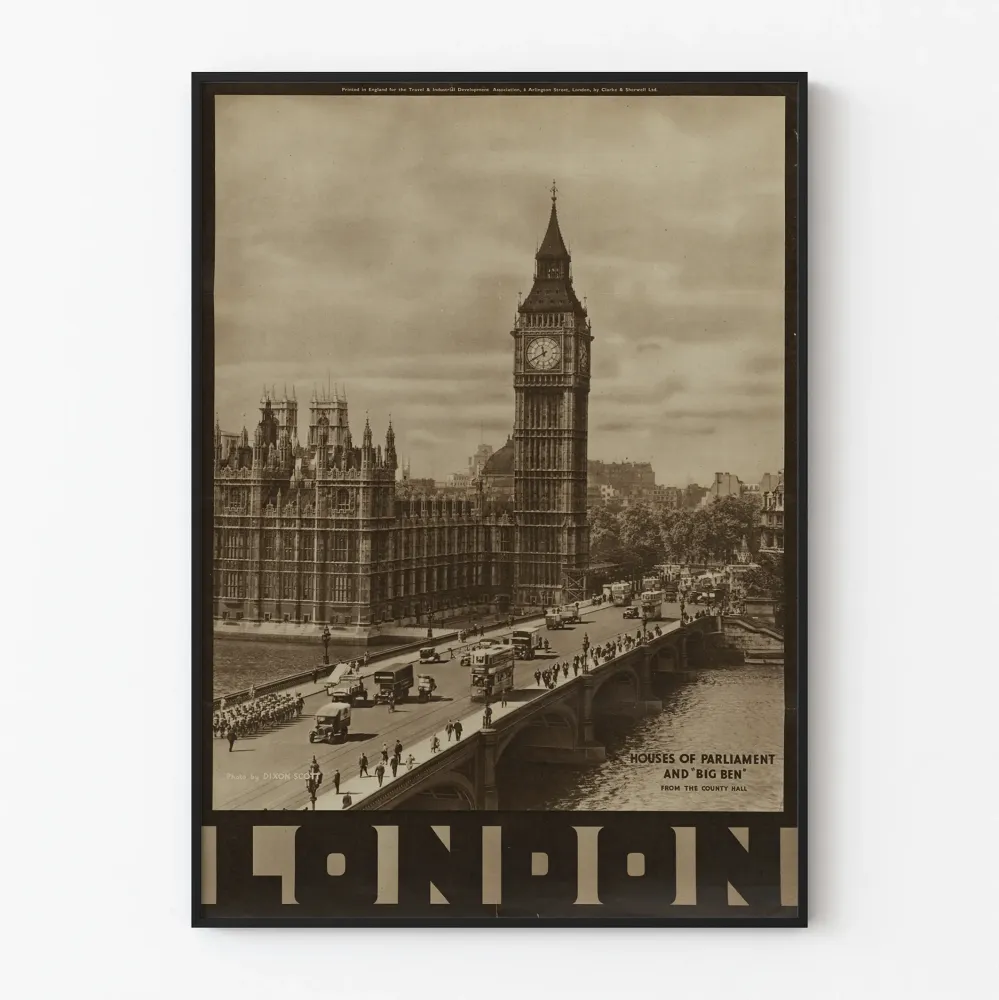 Plakat vintage Domów Parlamentu i Big Bena w Londynie
