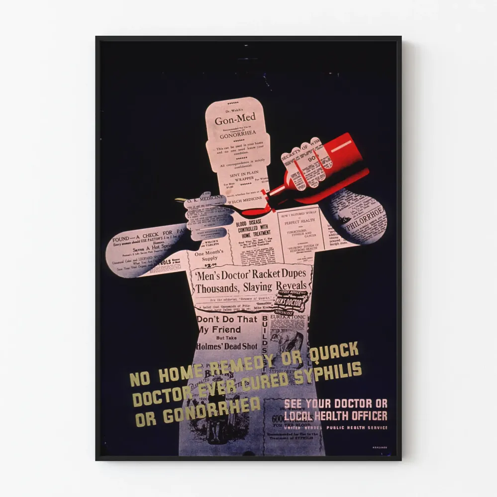 Plakat vintage dotyczący profilaktyki zdrowotnej przeciwko syfilisowi i rzeżączce