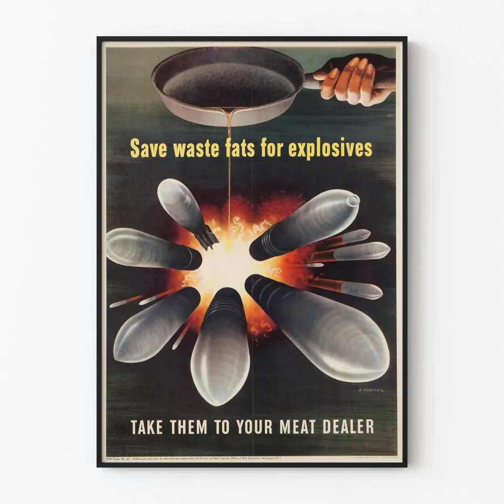 Plakat vintage dotyczący przechowywania zużytych tłuszczów do materiałów wybuchowych