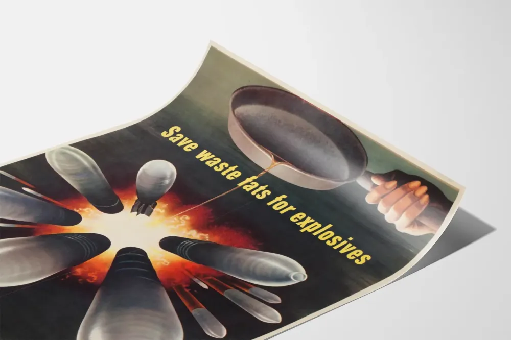 Plakat vintage dotyczący przechowywania zużytych tłuszczów do materiałów wybuchowych