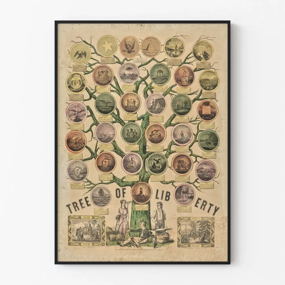 Plakat vintage Drzewo Wolności z herbami Stanów Zjednoczonych