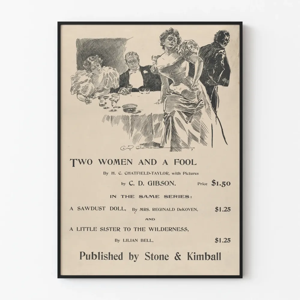 Plakat vintage Dwie kobiety i głupiec z ilustracją w czerni i bieli