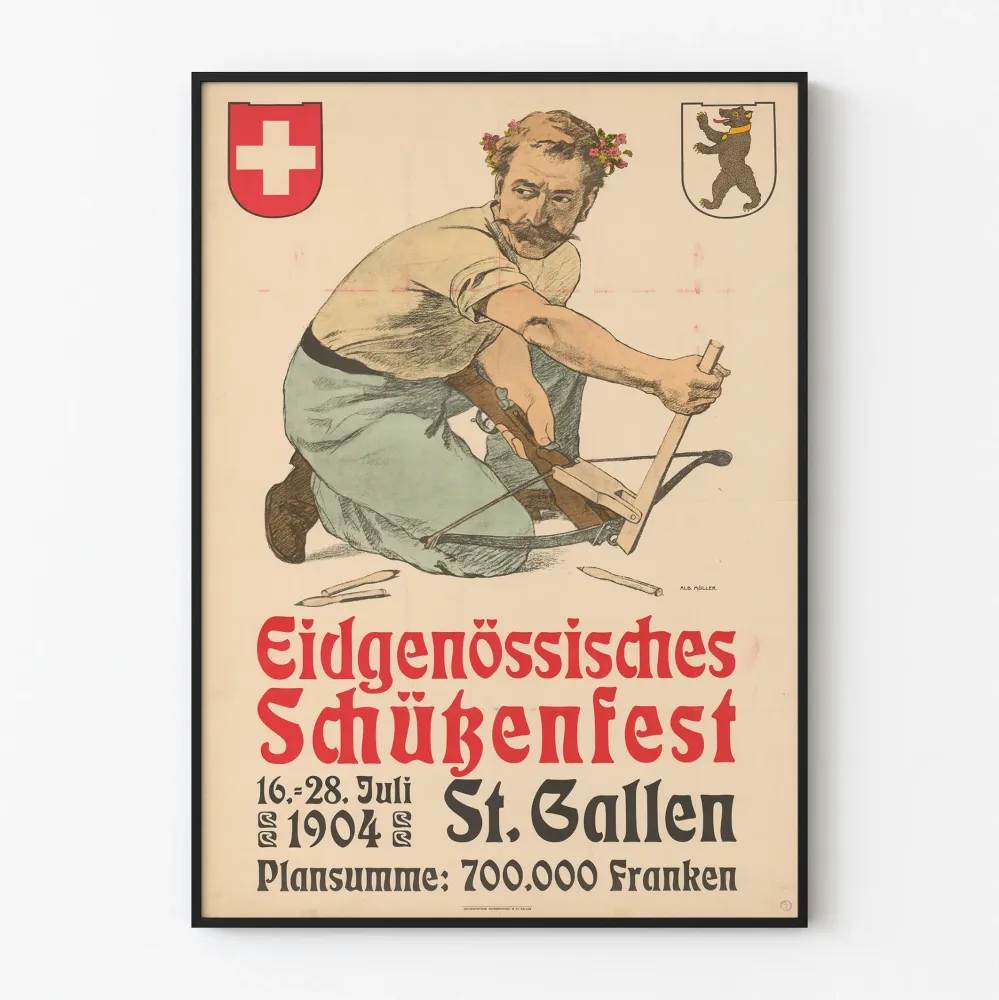 Plakat vintage Festiwal strzelecki federacji szwajcarskiej 1904 St. Gallen
