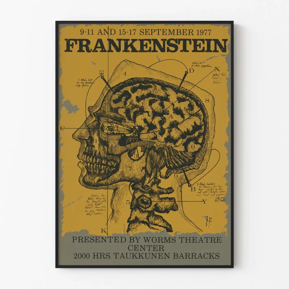 Plakat vintage Frankenstein 1977 ilustracja anatomiczna czaszki