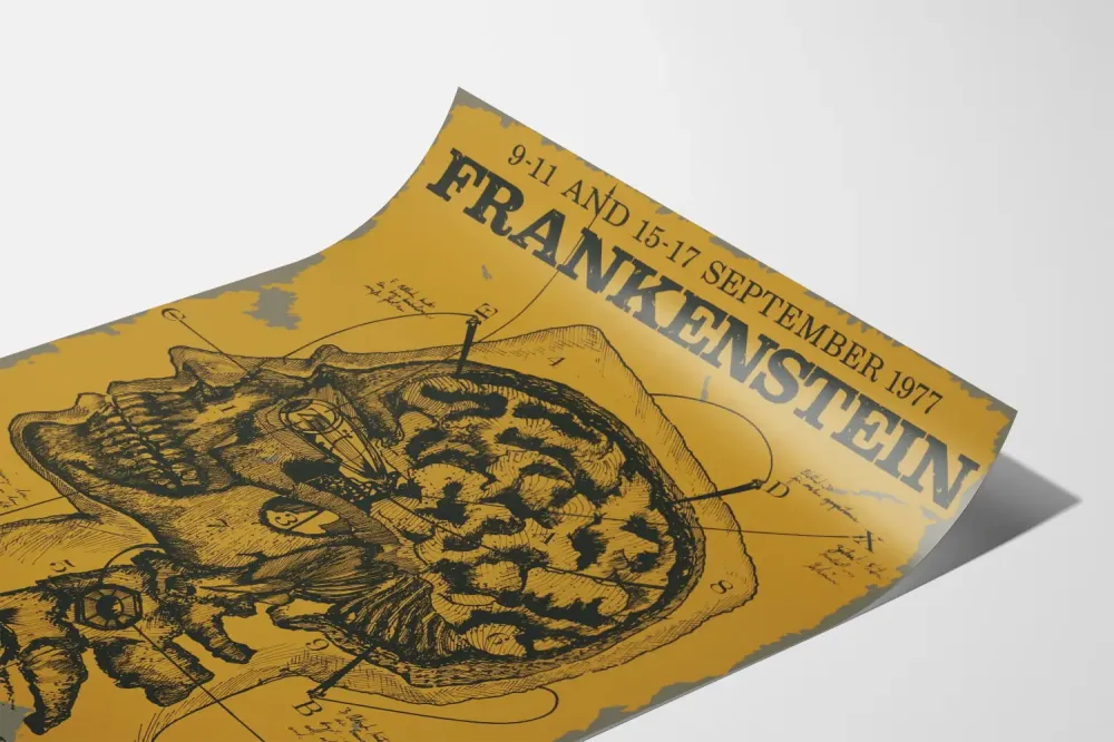 Plakat vintage Frankenstein 1977 ilustracja anatomiczna czaszki