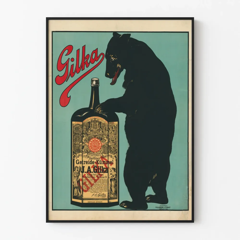 Plakat vintage Gilka z niedźwiedziem i butelką Berliner Getreide Kümmel