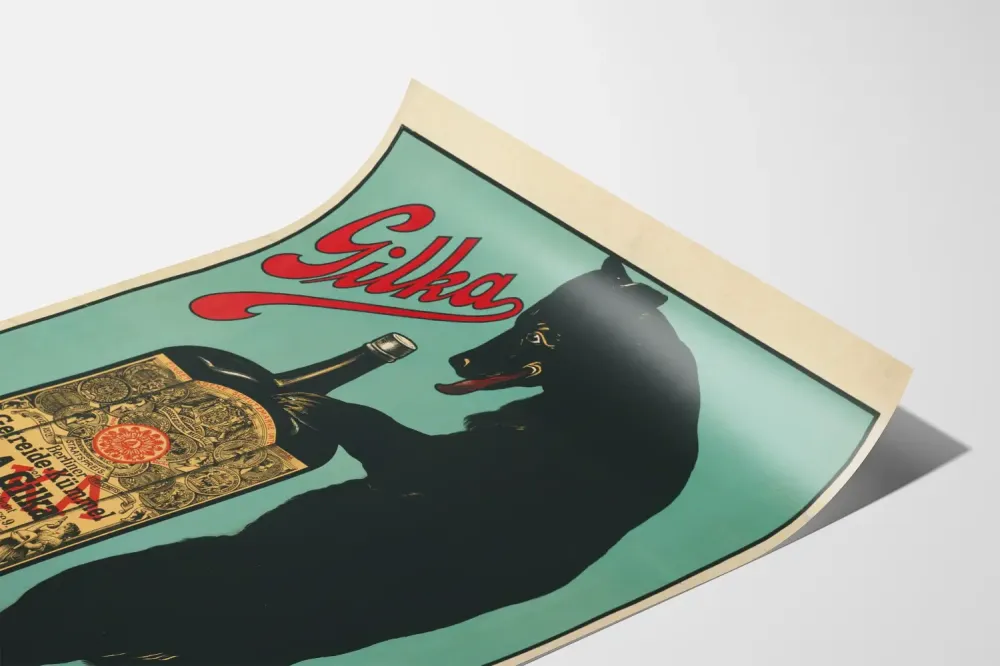 Plakat vintage Gilka z niedźwiedziem i butelką Berliner Getreide Kümmel