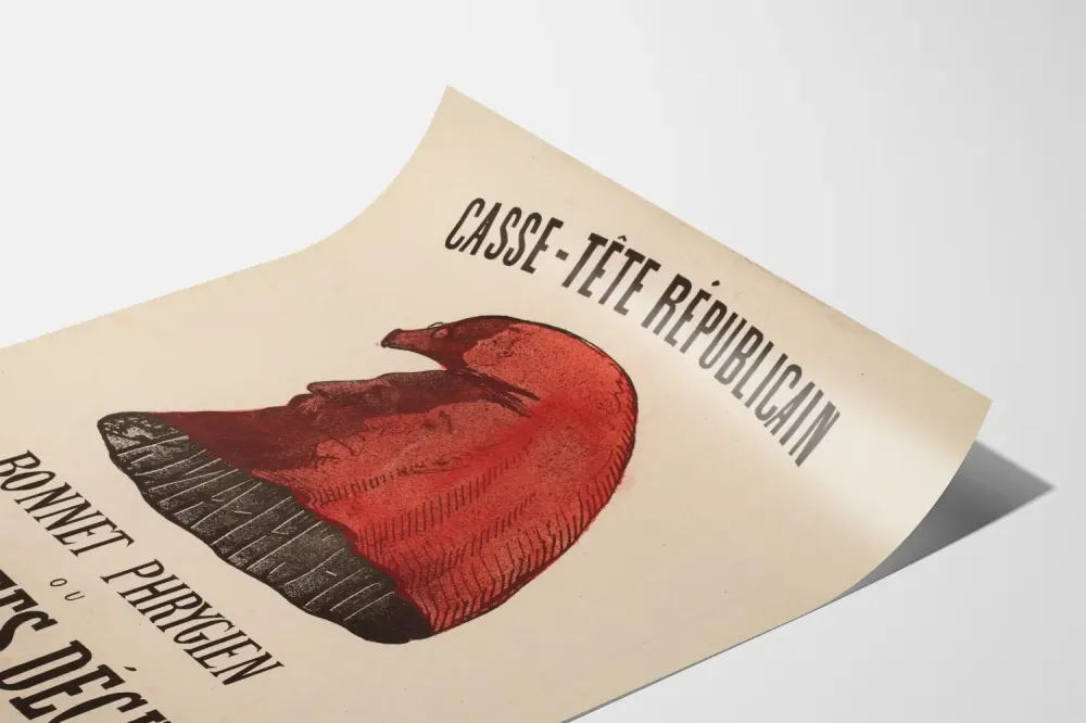 Plakat vintage z głową frygijską i motywem łamigłówki republikańskiej