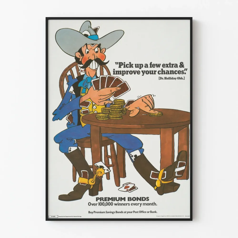 Plakat vintage z grami karcianymi kowboje premium bonds