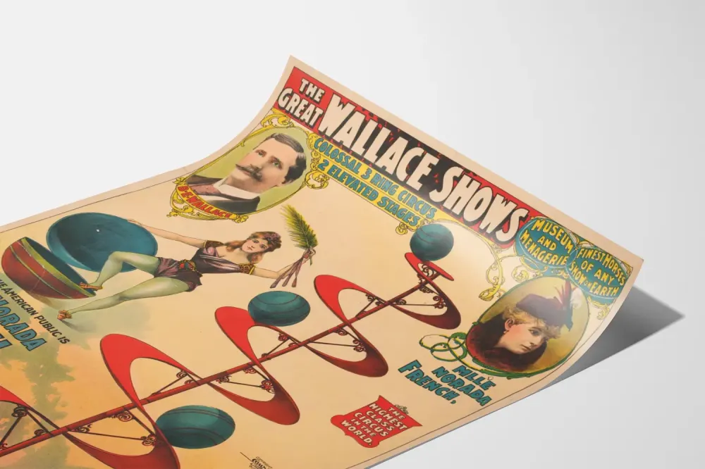 Plakat vintage Great Wallace Shows Cyrk na 3 arenach i 2 podniesionych scenach