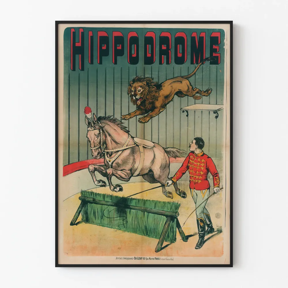 Plakat vintage Hipodrom: koń, lew i treser