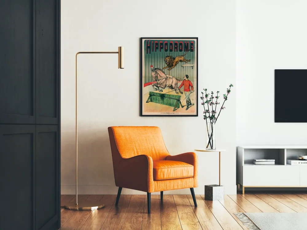 Plakat vintage Hipodrom: koń, lew i treser