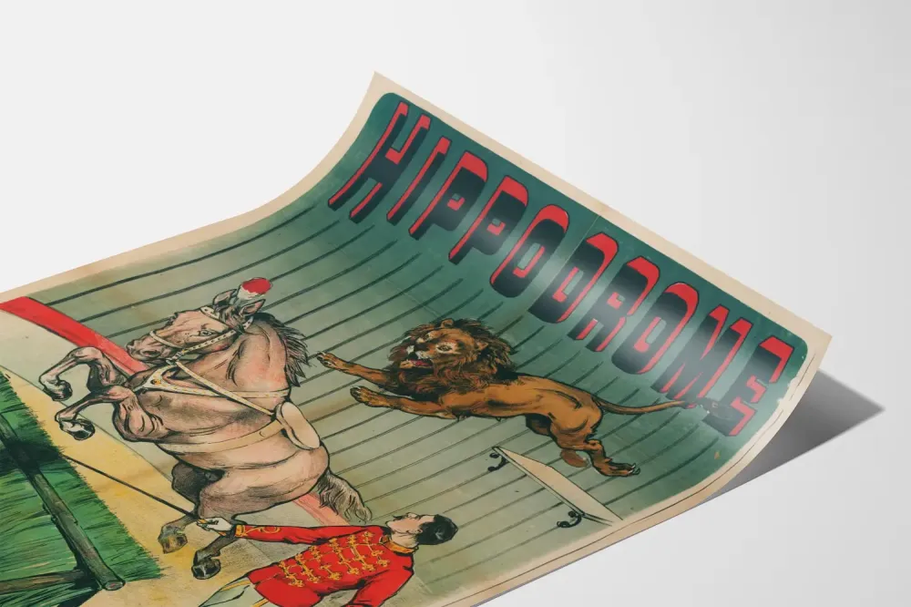 Plakat vintage Hipodrom: koń, lew i treser