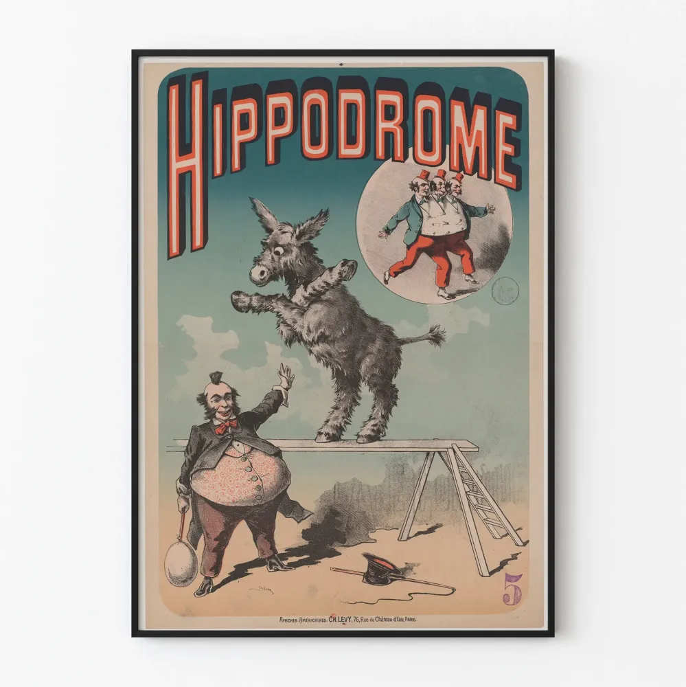 Plakat vintage hipodromowy: osioł akrobata i artysta cyrkowy