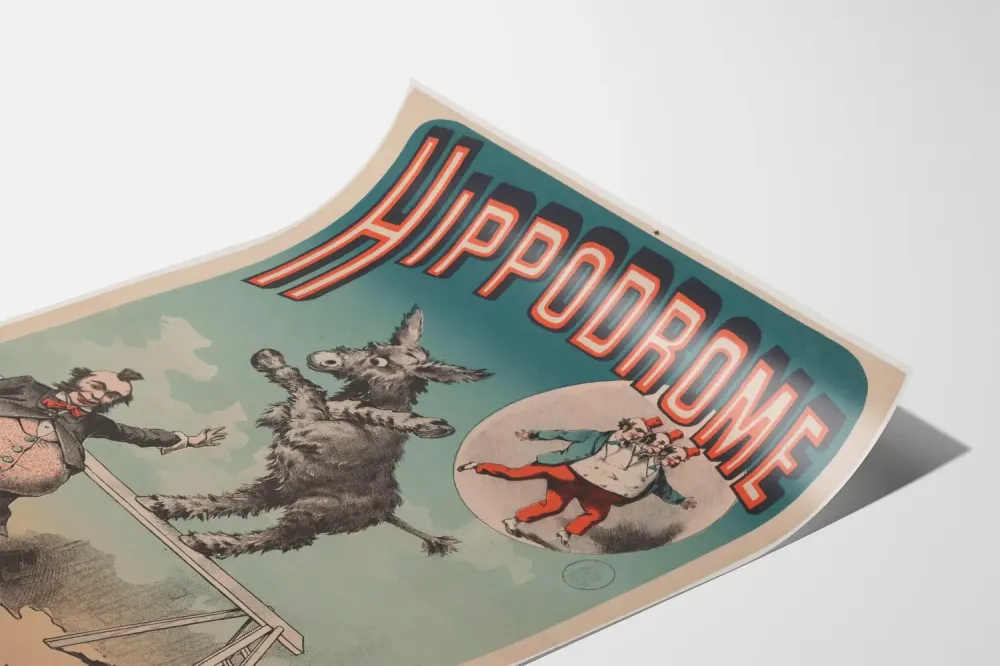 Plakat vintage hipodromowy: osioł akrobata i artysta cyrkowy