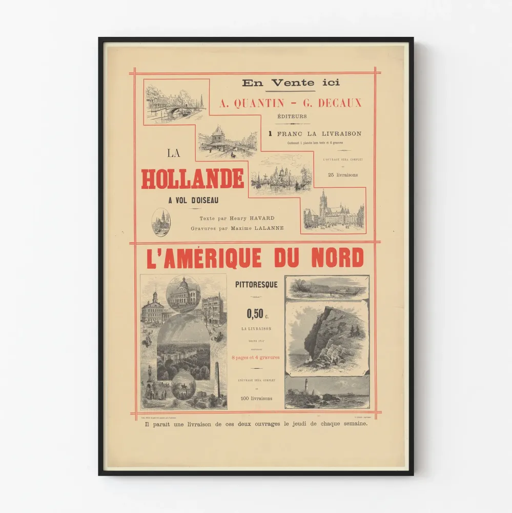 Plakat vintage Holandia i Ameryka Północna, ryciny ilustrowane