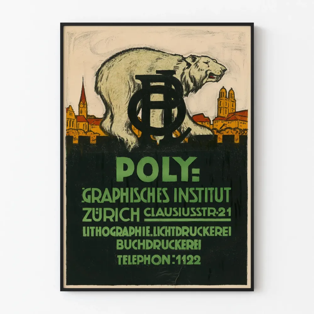 Plakat vintage Instytut Poligraficzny w Zurychu z niedźwiedziem i pejzażem miejskim