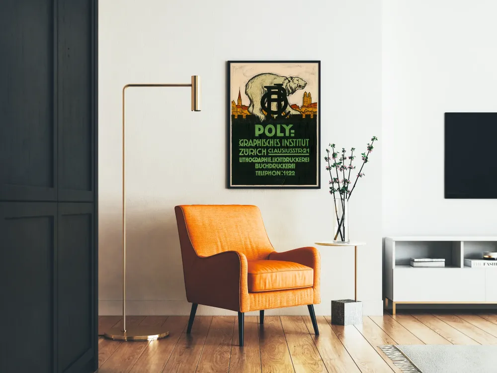 Plakat vintage Instytut Poligraficzny w Zurychu z niedźwiedziem i pejzażem miejskim
