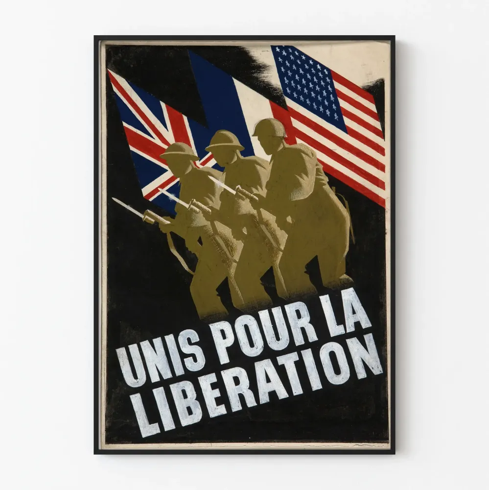 Plakat vintage Jedność dla Wolności z żołnierzami i flagami
