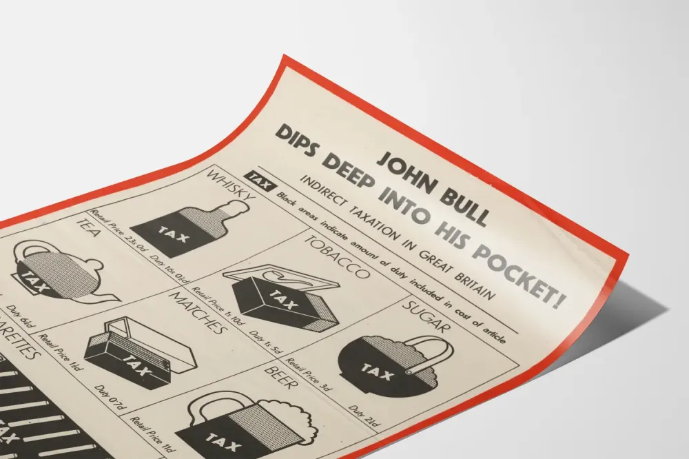 Plakat Vintage John Bull i Podatki Pośrednie w Wielkiej Brytanii
