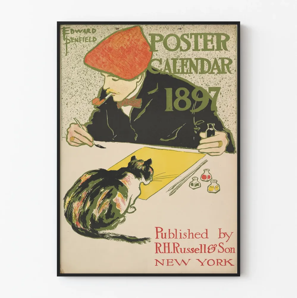 Plakat vintage kalendarz 1897 z artystą i kotem