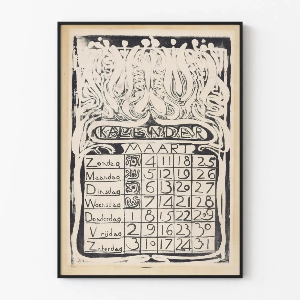 Plakat vintage kalendarz na marzec 1894 w stylu secesyjnym