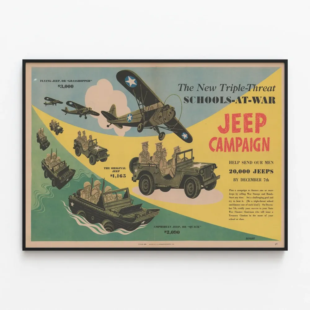 Plakat vintage kampanii Jeep Szkoły w czasie wojny