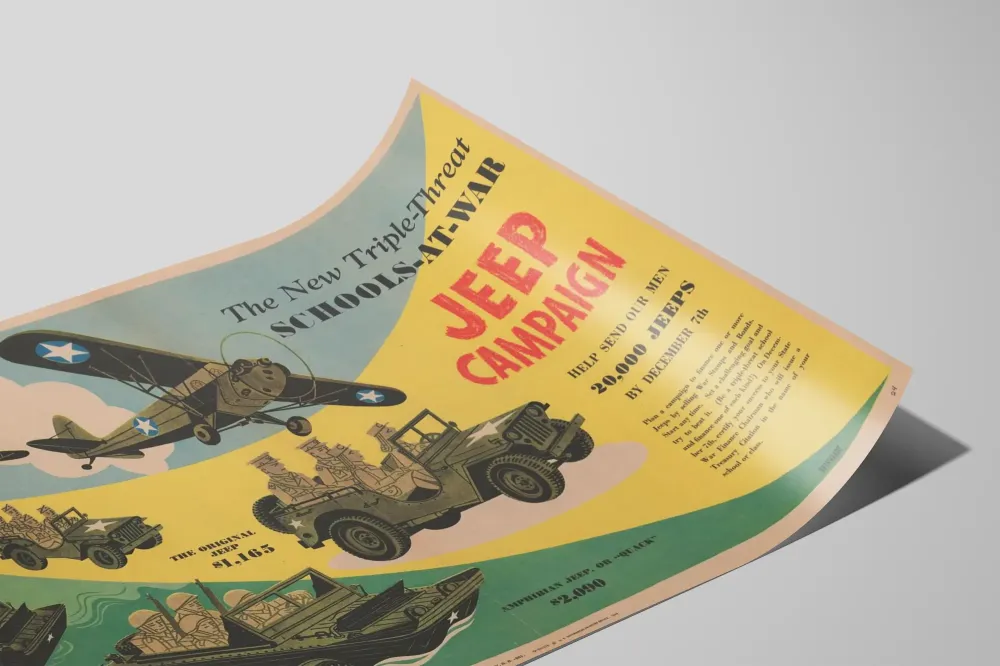 Plakat vintage kampanii Jeep Szkoły w czasie wojny
