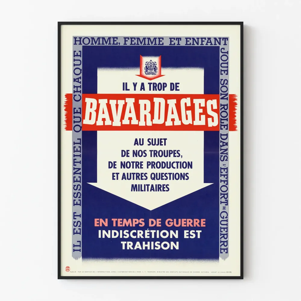 Plakat vintage z kampanii społecznej o tematyce wojskowej „Il y trop de bavardages”