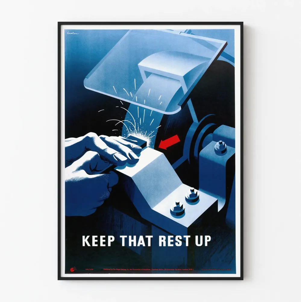 Plakat vintage „Keep That Rest Up” sztuka przemysłowa i bezpieczeństwo w pracy