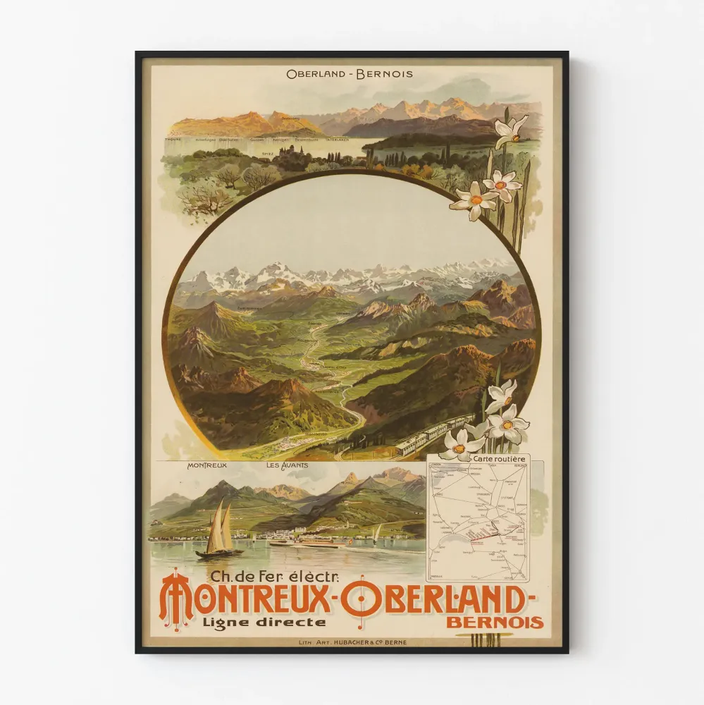 Plakat vintage kolejki elektrycznej Montreux-Oberland Bernoński
