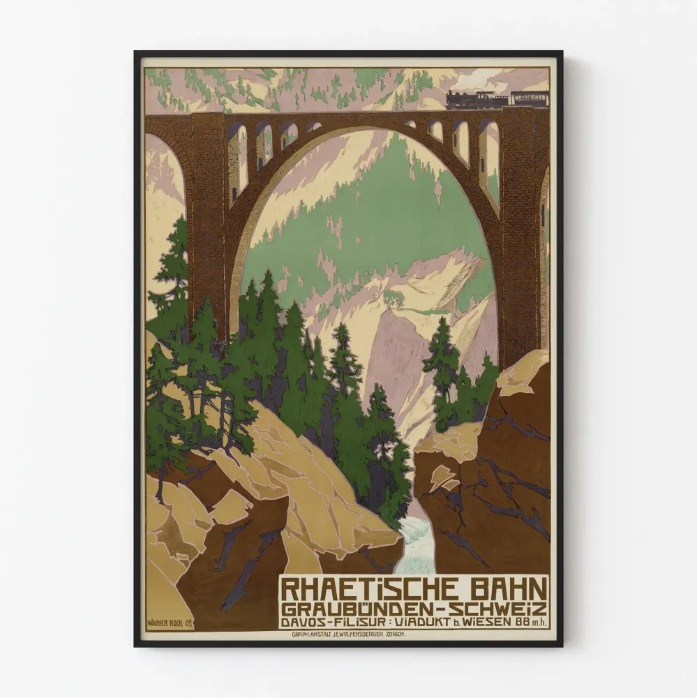 Plakat vintage most kolejowy Rhätische Bahn w Szwajcarii