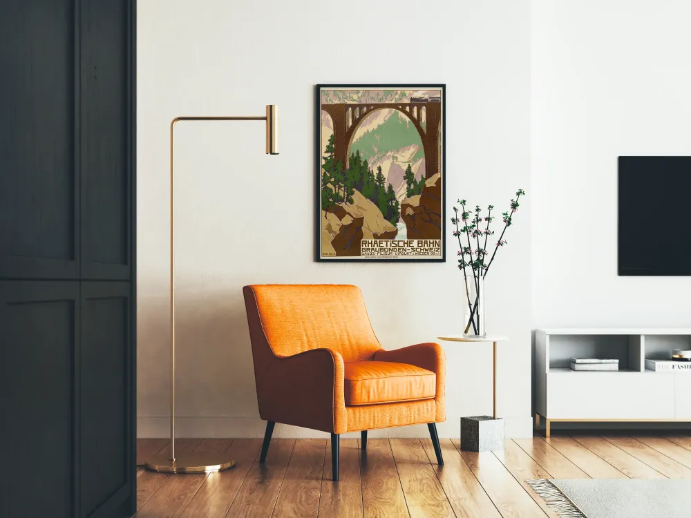 Plakat vintage most kolejowy Rhätische Bahn w Szwajcarii