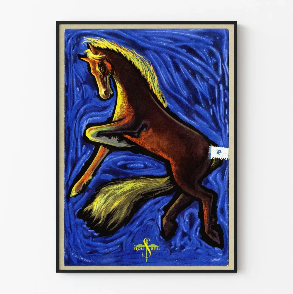 Plakat vintage z koniem galopującym na intensywnie niebieskim tle