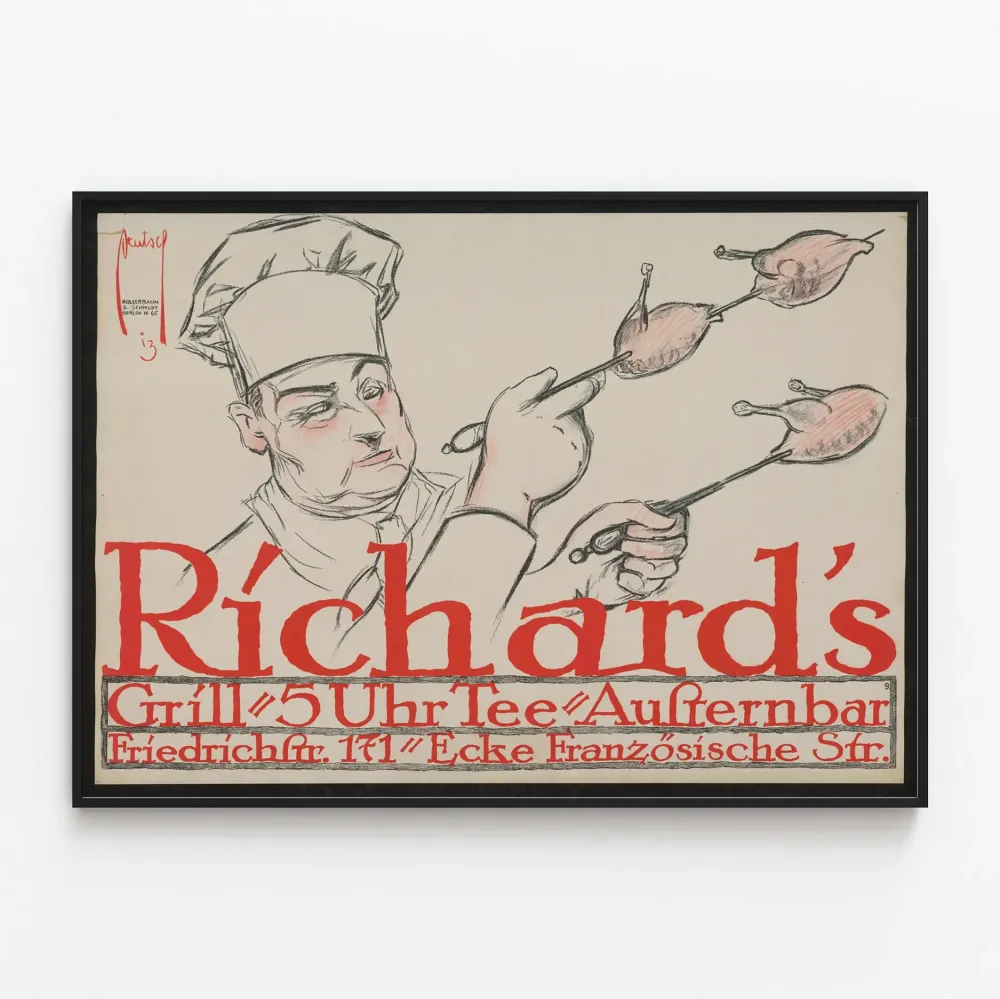 Plakat vintage kucharz przy grillu z kurczakami na szpadkach