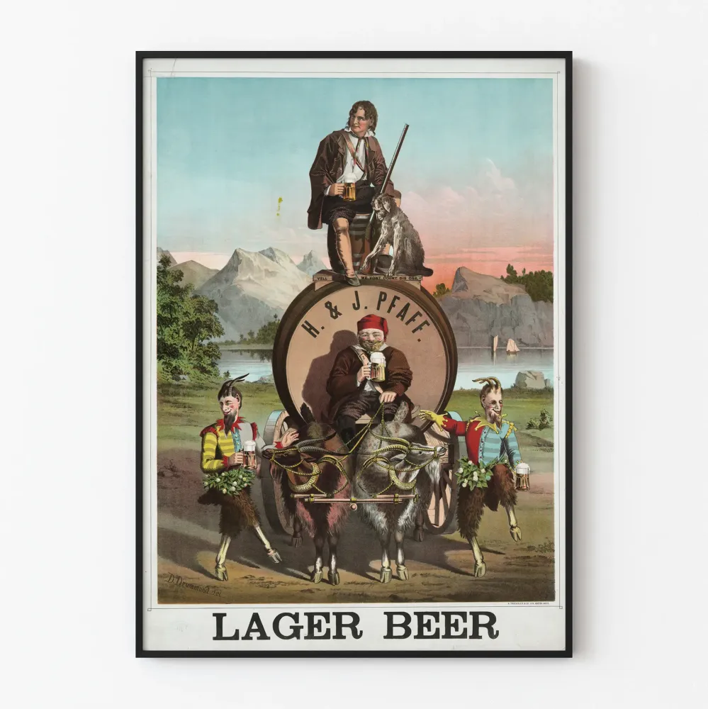 Plakat vintage Lager Beer z postaciami i kozami