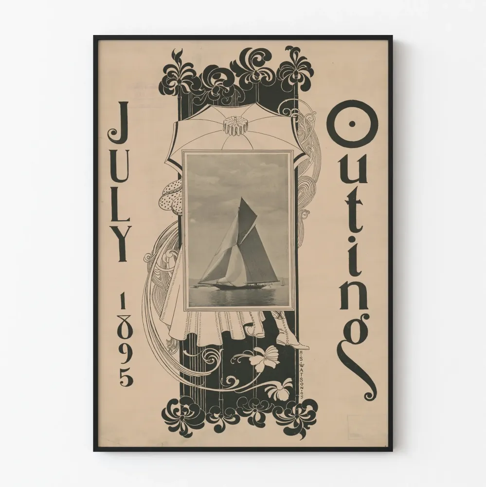 Plakat vintage z lipca 1895 roku - Żaglowiec i ilustracja secesyjna