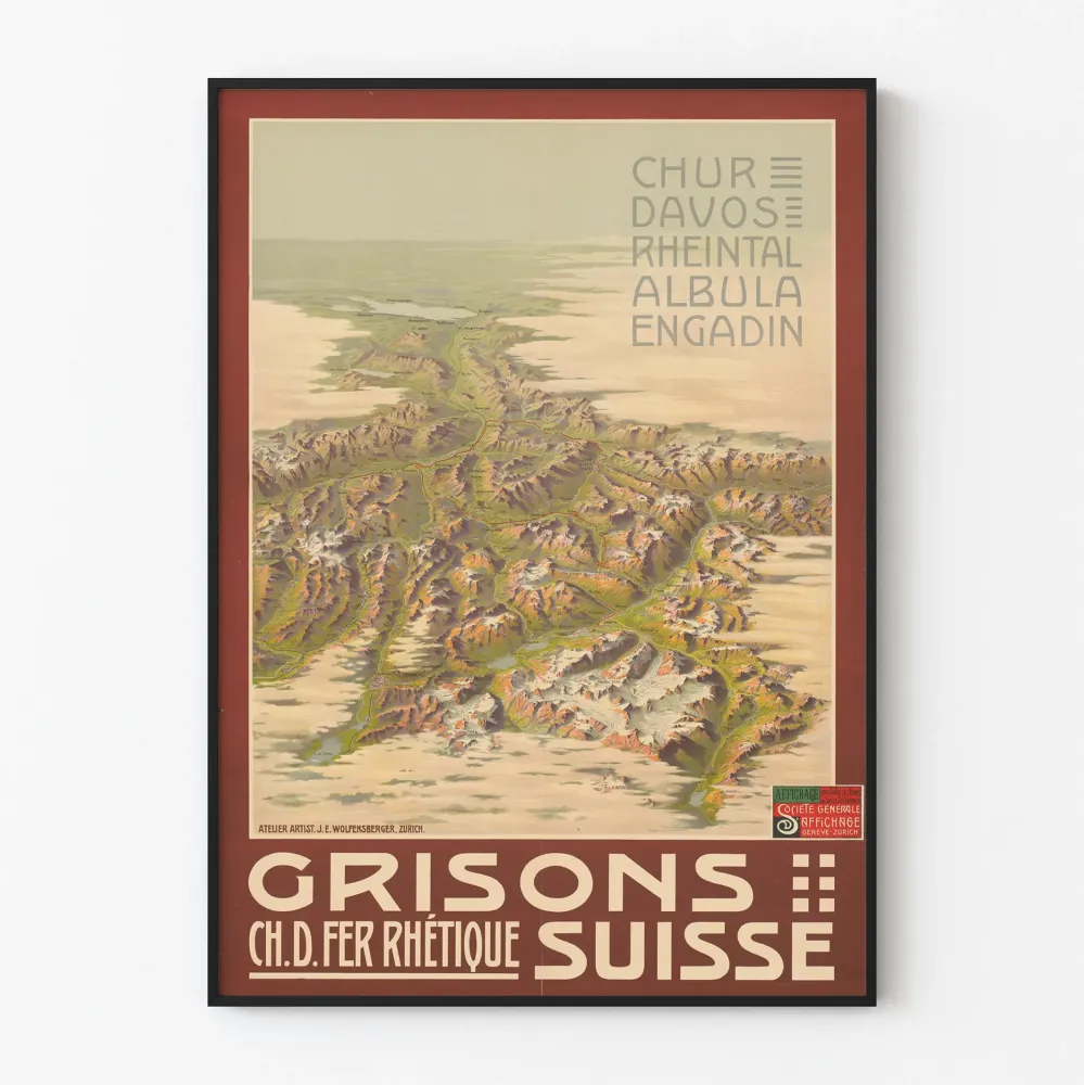 Plakat vintage mapa Graubünden Szwajcaria w reliefie