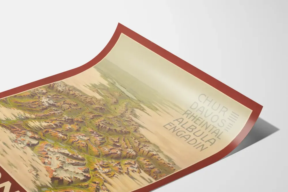 Plakat vintage mapa Graubünden Szwajcaria w reliefie